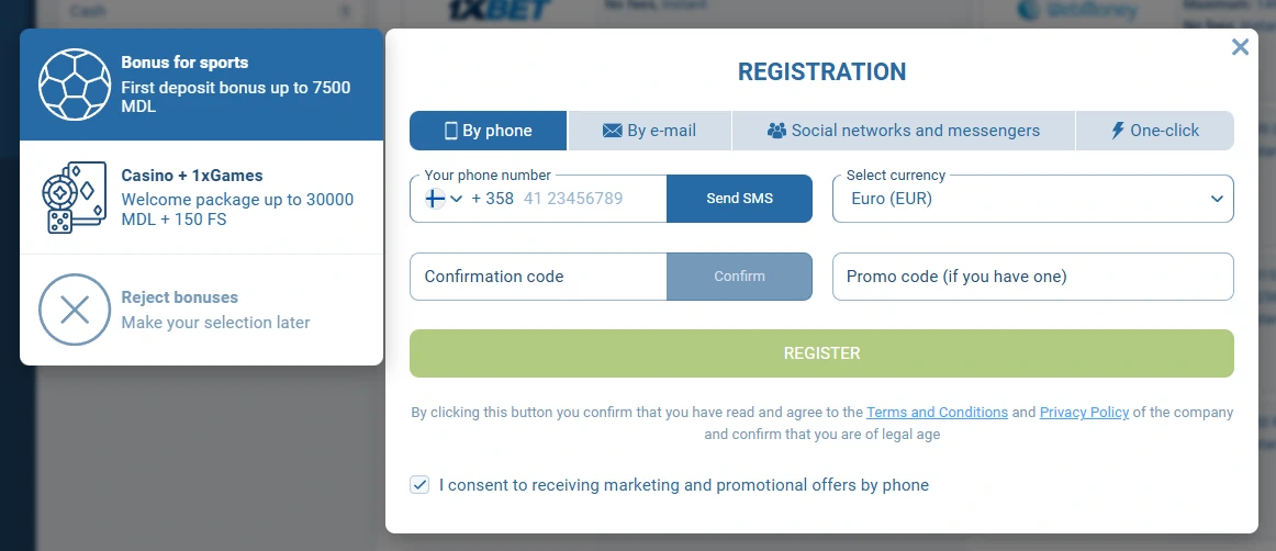 1xbet Sign-up steps